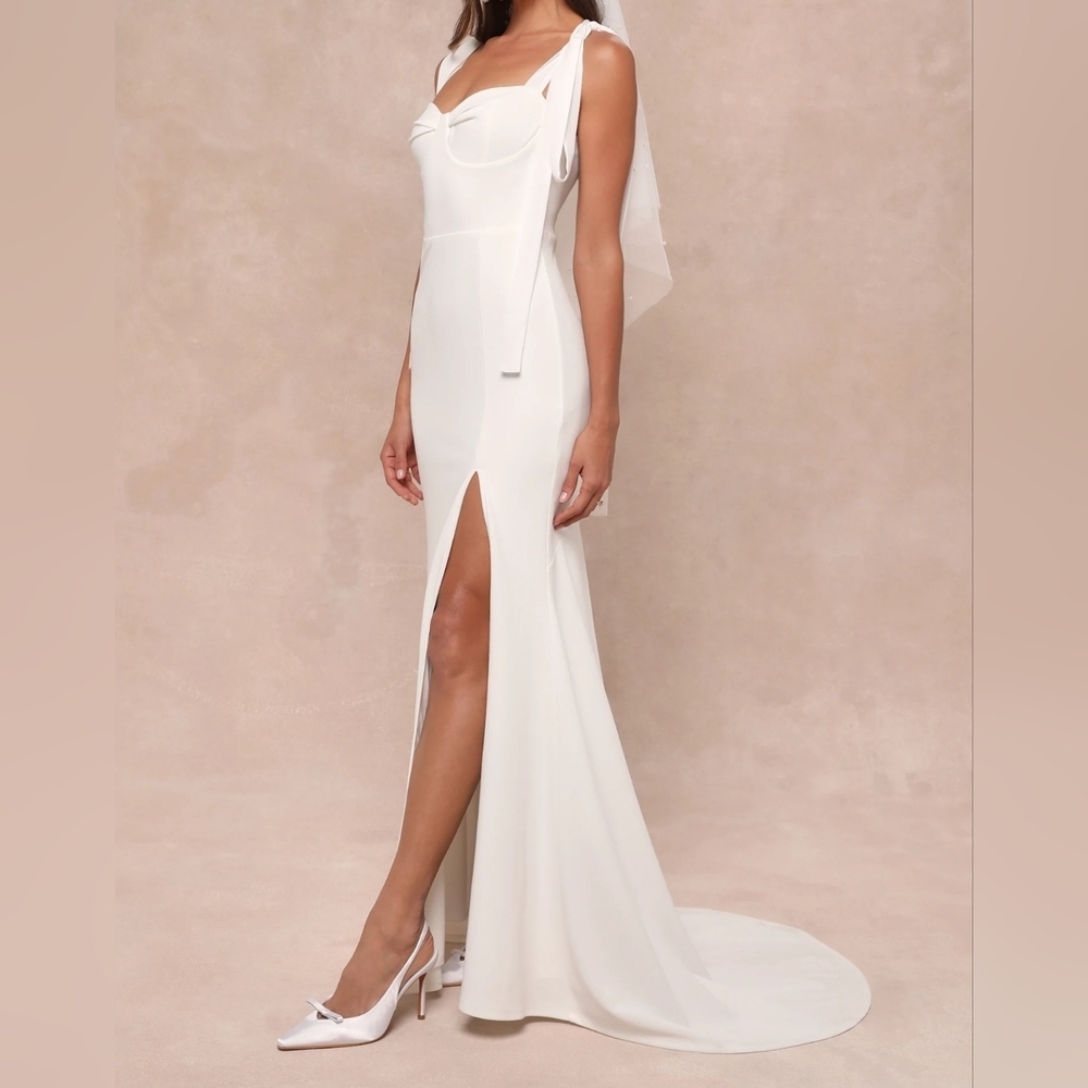 Lulu's White Tie-Shoulder Bridal Gown with Side Slit
